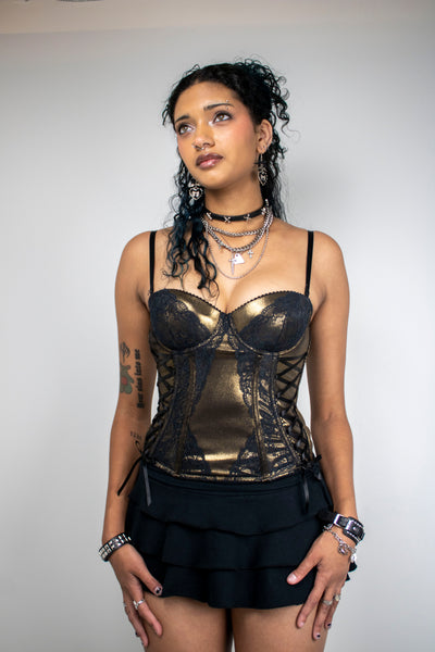 Gold Corset Bustier Top with Black Lace Detailing