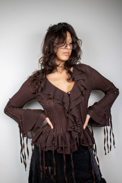 Sheer Pleated Ruffle Blouse in Mocha